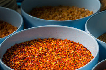 Cayenne pepper in blue cup at the kitchen