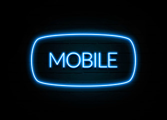 Mobile  - colorful Neon Sign on brickwall