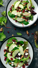 Homemade Autumn Apple Cranberry Salad with walnut, feta cheese and vegetables