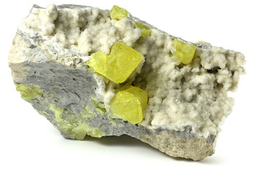 native sulfur on aragonite from Sicily/ Italy isolated on white background