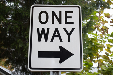 Photo of a rectangular road sign designating a one-way road