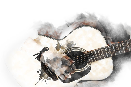 Abstract beautiful playing Guitar in the foreground on Watercolor painting background and Digital illustration brush to art..
