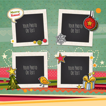 Decorative vector template frame. This photo frame you can use for kids picture or memories. Scrapbook design concept. Insert your picture. Merry Christmas and Happy New Year