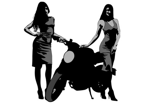Motorcycl and baeuty women on white background