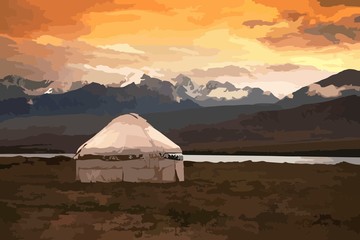 Fototapeta na wymiar View of Mongolia. Yurts traditional Mongolian dwellings in Mongolian steppe. Mountains on background. Travel sketch. Brush pen graphic art. Hand drawn vintage book illustration, postcard. Vector