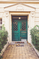 Fototapeta na wymiar green door with green bushes and yellow facade