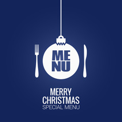 christmas menu with christmas ball, fork and knife design background