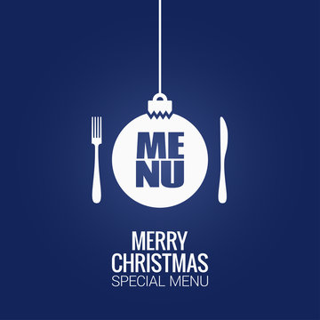 christmas menu with christmas ball, fork and knife design background