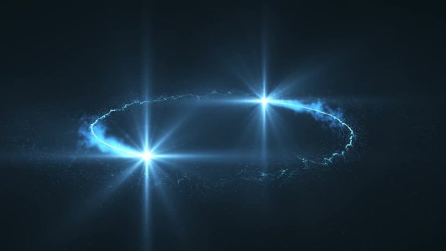 lightning blue ball of light flying in circle animation. Shining lights in motion with small particles. Ring of electricity, Plasma ring on a dark background.