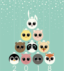 Christmas Tree made by the Christmas balls with the animals faces.The rabbit,duck, cat, bear, panda, puppy dog, penguin, pig, seal and fox. At the bottom of the image the numbers two,zero,one,eight.
