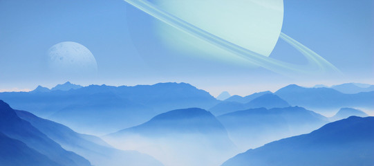 Naklejka premium planet Saturn as seen from one of its moons