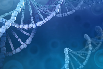 3D illustration of a DNA molecule. Investigation of cellular structure. Modern digital concept on a blue background