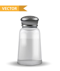 Realistic 3d salt shaker. Glass jar for spices. Isolated on white background. Ingredient for cooking. Vector illustration