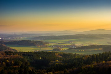 Autumn aerial view to czech countryside on sunset