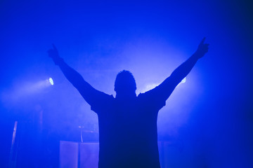 DJ hands up at night club party - obrazy, fototapety, plakaty