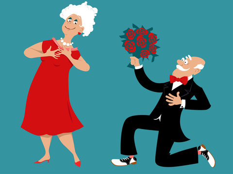 Senior man kneeling with a bouquet of roses, asking lady out, EPS 8 vector illustration 