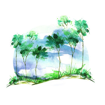 Blue tree, bush watercolor. Ecological abstract art illustration. Abstract spots, shore,  watercolor landscape..