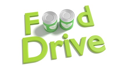 The words food drive on white where the o of food are replaced by two tin cans