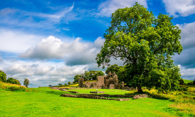 Riuns Landscape of Inch Abbey with a blue sky in Northern Ireland. Monastery ruins in Downpatrick. Co. Down. Travel by car in summer.