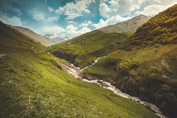 Fototapeta premium Summer landscape with river and mountain snowy peak Shkhara Zemo, Kazbegi national park, Georgia. Green hills and small mountain river in Caucasus foothills. Vintage instagram Color filter toning