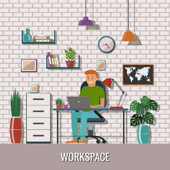 Man vector character working in the creative office or home. Freelance work. Workspace vector illustration.