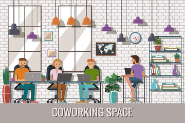 Vector illustration of coworking space. Working place, office. People working in the creative office. Flat design.
