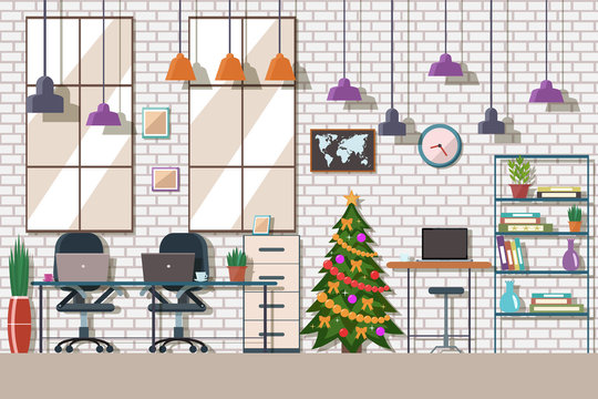 Vector illustration of  co working space. Christmas working place