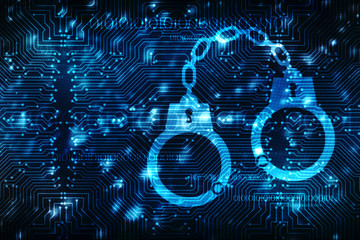 Cyber Security concept: pixelated handcuffs icon on digital background, Cyber crime concept,  3d render