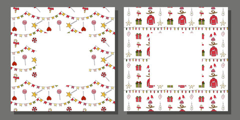 Vector gift cadrs with Christmas and new year attributes. Winter design with cartoon elements. Xmas design