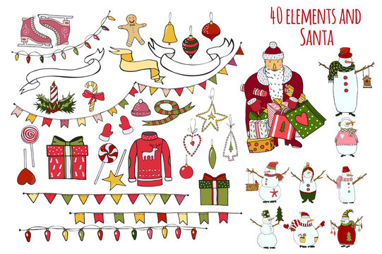 Set for winter design. Christmas and new year attributes: sweater, gifts, skates sweets, garland, flags, Christmas toys, candle, christmas tree, candy, sweets.