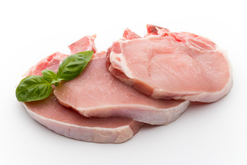 Fresh raw beef steak isolated on white background, top view.