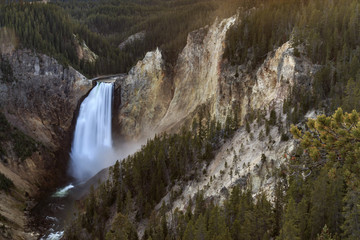 Offset waterfall in Yellowstone National Park horizontal