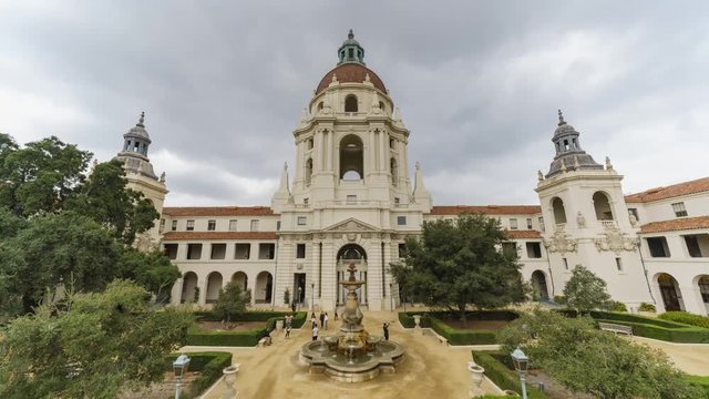 Afternoon motion timelapse cloudy view of The beautiful Pasadena City Hall at Los Angeles, California, United States