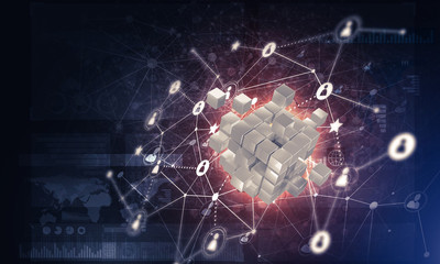 Concept of Internet and networking with digital cube figure on d