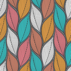 Stylized colorful leaves seamless pattern. Nature universal textures. Hand drawn decorative floral ornamental background. Vector illustration