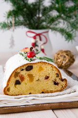 Christmas stollen. Traditional German, European festive dessert. Copy space.