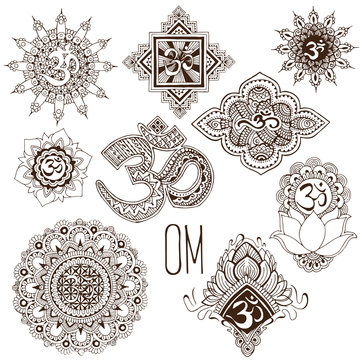 A set of ohm symbols decorated in the mehendi style.