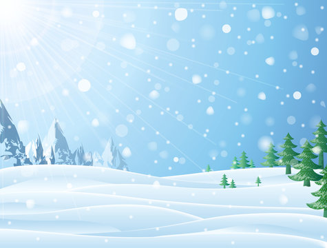 Daytime snowy scene with ridge and christmas trees. Snowfall against winter landscape of mountains and pines. Vector image for new years day, christmas, winter holiday, new years eve, silvester, etc