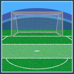 Football field . on the grass the markings and the gate stand. horizon and sky.