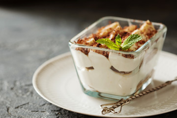 Tiramisu dessert cake in portion bowl