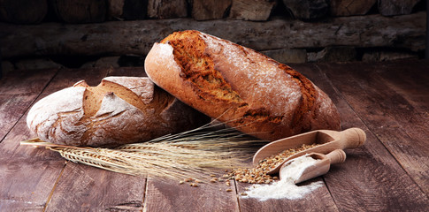 Freshly baked bread and flour in a bakery concept set.