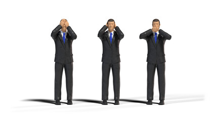 3 miniature figure businessmen in three wise monkeys pose isolated with shadow on white background (see no evil, hear no evil, speak no evil) © dottedyeti