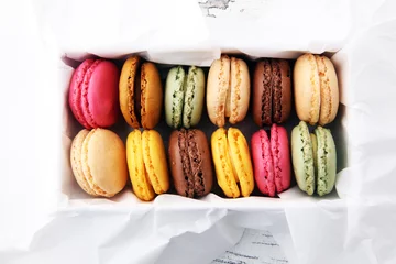 Printed kitchen splashbacks Macarons Different types of macaroons or macarons in a box.