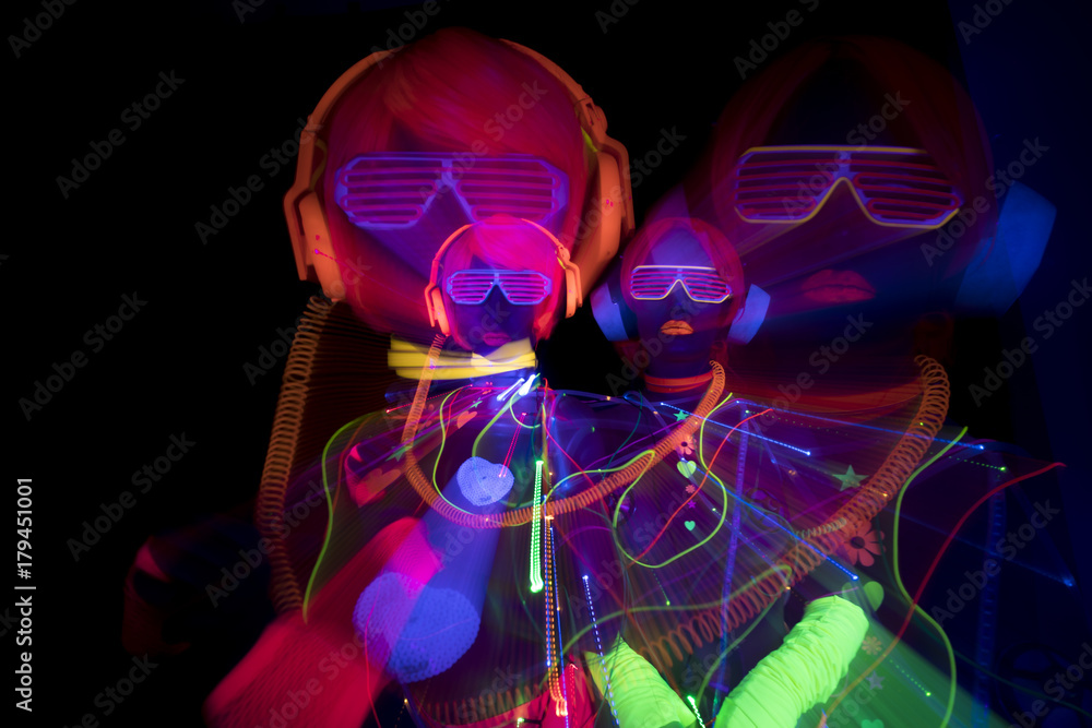 Wall mural glow uv neon sexy disco female cyber doll