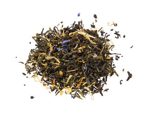 Dry tea with herbs isolated on white. Mix green tea.