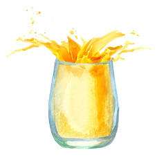 Naklejka na ściany i meble Glass of juice with splash. Watercolor hand drawn illustration.
