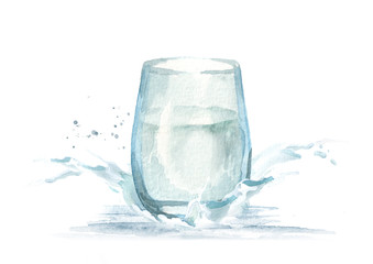 Glass of water and splash. Watercolor hand drawn illustration.