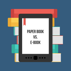 Paper book vs. e-book flat design vector illustration.