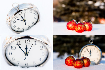 Three red christmas balls and wath on a snow. New Year greeting card concept. Copy-space, collection, set of 4 frames.