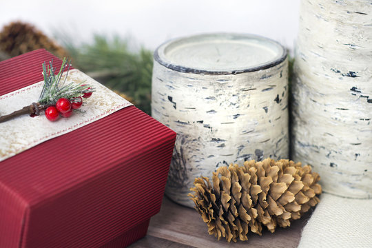 natural style stock photo of christmas scene with birch, pine cones and present